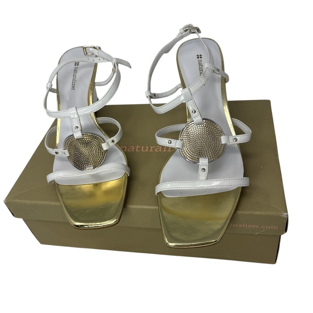 Naturalizer‎ Array White Gold Strappy Wedge Sandals Square Toe Medallion 10M